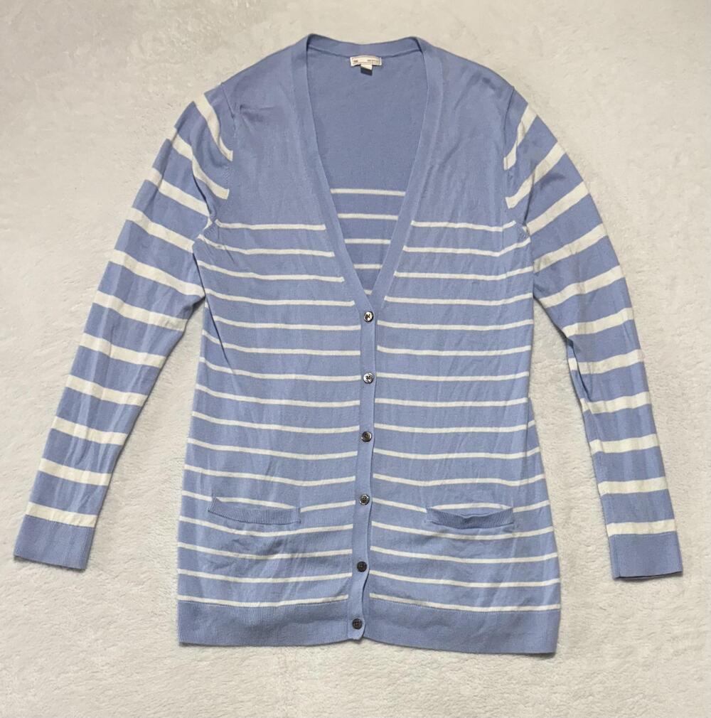 Gap Cardigan Sweater Womens Large Blue Crystal Stripe V Neck Button Silk Blend